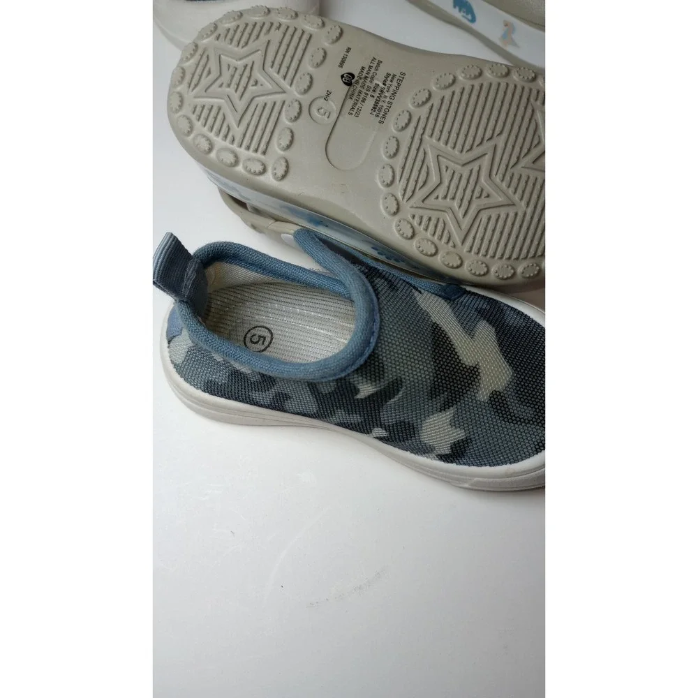 Toddler Boys Size 5 Shoes Bundle Dinosaur Clogs Blue Camo Slip On Sneakers 2pr